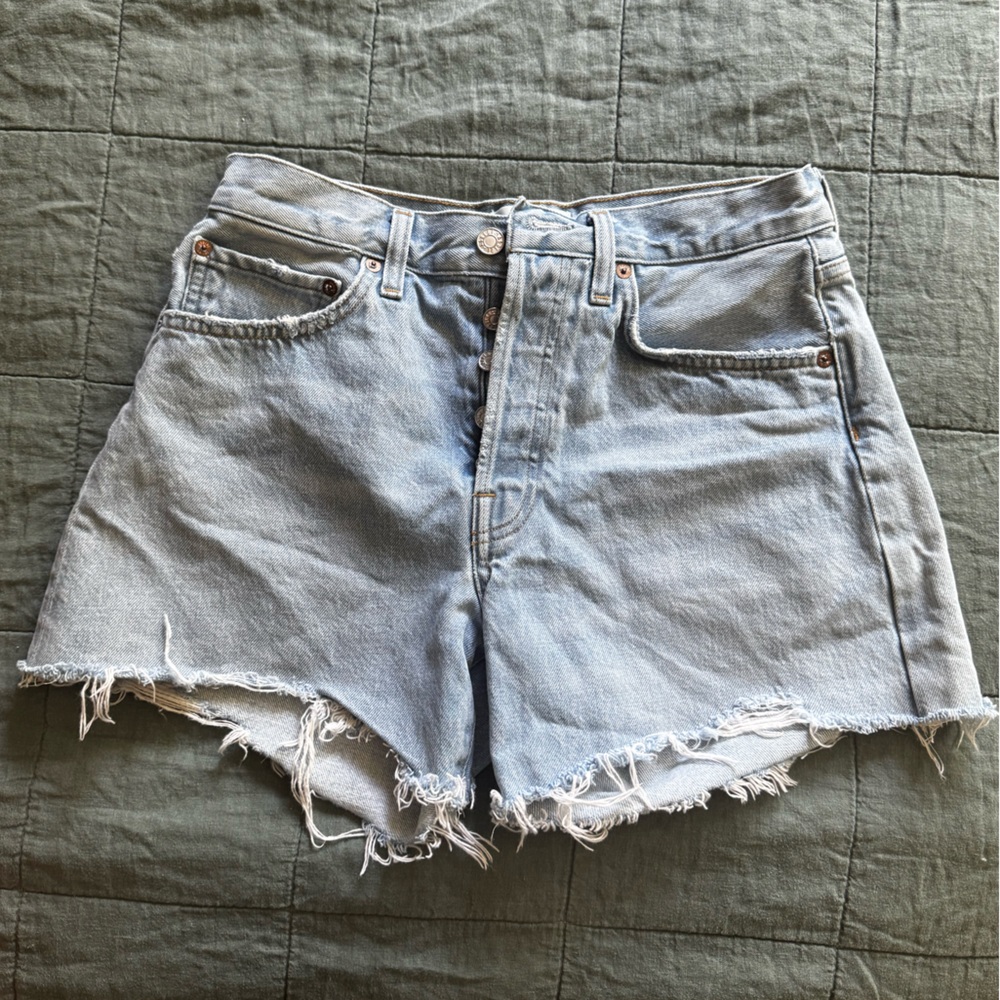 Agolde Parker Long Shorts in Agreement Light Wash Distressed Denim Shorts - Picture 5 of 11